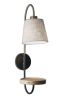 Antique Brass and Black Metal Wall Lamp with USB Charging Station Wood Shelf