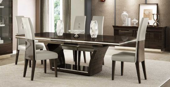 Seven Piece Dark Brown Solid Wood Dining Set with Six Chairs