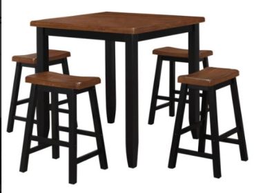 Five Piece Oak and Black Square Solid Wood Dining Set with Four Chairs