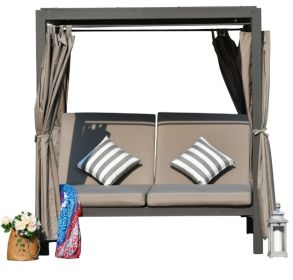 Gray Outdoor Steel Metal Adjustable Day Bed With Canopy And Taupe Cushions