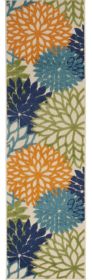 12' Runner Ivory and Blue Floral Indoor Outdoor Runner Rug